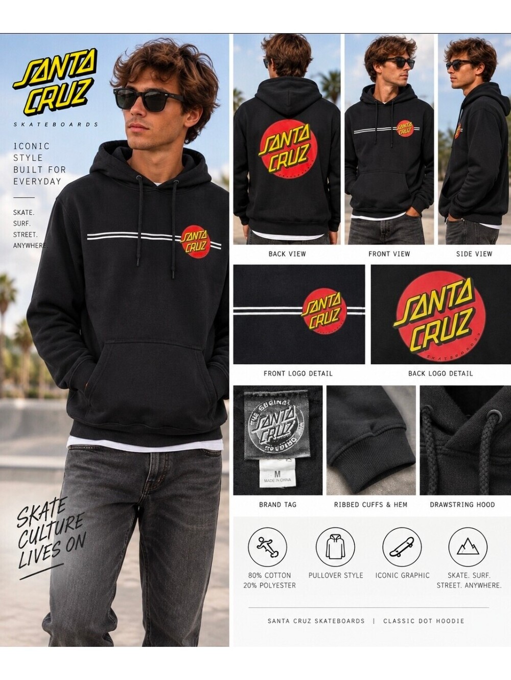 Santa Cruz Skateboards Classic Dot Hoodie Men’s M Black Pullover Graphic Skate